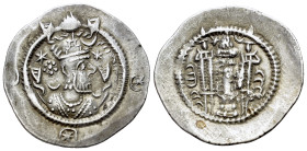 Sasanian Kingdom. Kavad I (2nd Reign 499-531) AR Drachm, ST mint, year 31. Crowned bust right. R/ Fire altar; attendant to left and right; star and cr...