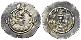 Sasanian Kingdom. Khusru I (531-579), AR Drachm, uncertain mint. Crowned bust right. R/ Fire altar; attendant to left and right; star and crescent bet...