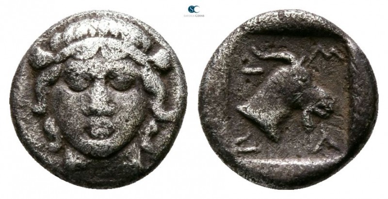 Aeolis. Myrina circa 425-375 BC. 
Obol AR

8mm., 0,58g.

Facing female head...