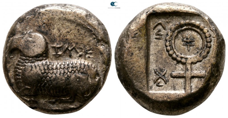 Cyprus. Salamis 530-480 BC. 
Stater AR

20mm., 11,12g.

Ram recumbent left,...