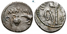 The Triumvirs. Mark Antony and M. Aemilius Lepidus 43 BC. Military mint traveling with Antony and Lepidus in Transalpine Gaul. Quinarius AR