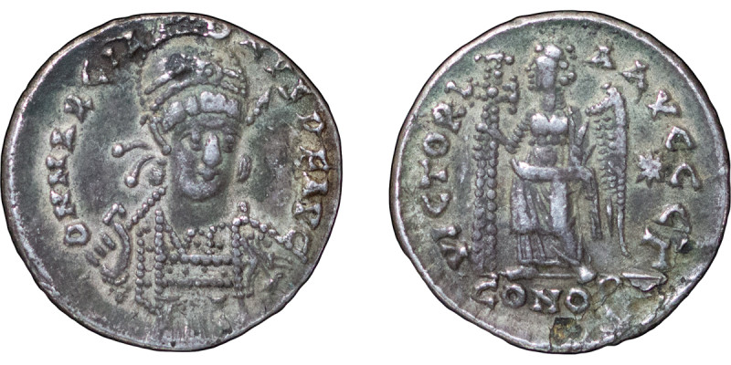 Roman Emire. Basiliscus AR Denarius in the style of a Gold Solidus. 475-476AD. C...