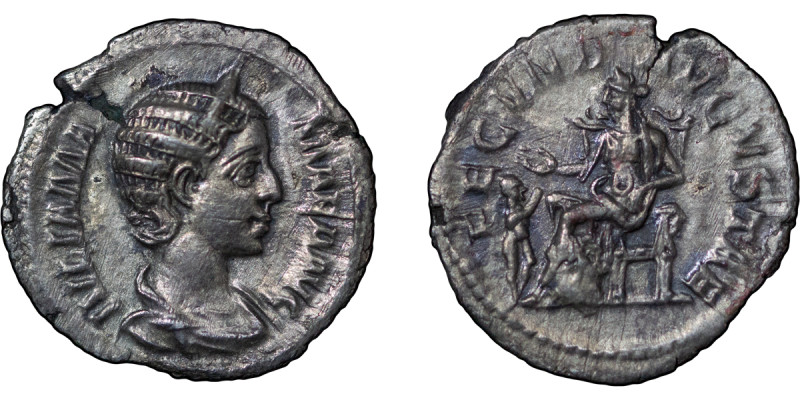 Roman Empire. Julia Mamea AR Denarius. 232AD. JULIA MAMEA AUG divided by bust ri...
