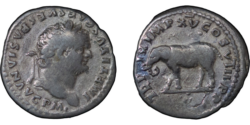 Roman Empire. Titus AR Elephant Denarius. AD80. Rome mint. IMP TITUS CAES VESPAS...