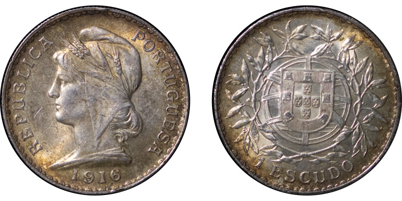 Portugal. Republic AR 1 Escudo. 1916. REPUBLICA PORTUGUESA, date below bust left...