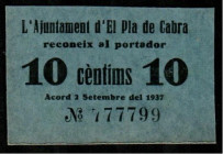 Pla de Cabra, Tarragona. Ayuntamiento. 2 de septiembre de 1937. 10 céntimos
