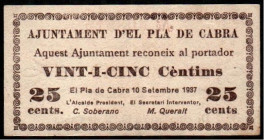 Pla de Cabra, Tarragona. Ayuntamiento. 10 de septiembre de 1937. 25 céntimos