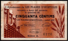 Planes d`Hostoles, Les, Girona. Ayuntamiento. 1 de julio de 1937. 50 céntimos