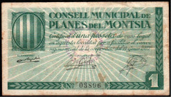 Planes de Montsiá, Tarragona. Consejo Municipal. Enero de 1937. 1 peseta. Raro