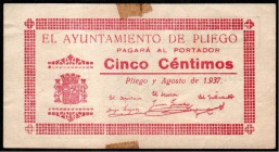 Pliego, Murcia. Ayuntamiento. Marzo de 1937. 5 céntimos. Algo escaso