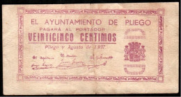 Pliego, Murcia. Ayuntamiento. Marzo de 1937. 25 céntimos. Algo escaso
