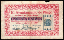 Pliego, Murcia. Ayuntamiento. Marzo de 1937. 50 céntimos. Algo escaso
