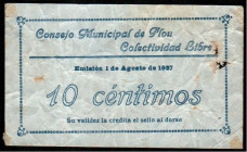 Plou, Teruel. Consejo Municipal. 1 de agosto de 1937. 10 céntimos. Raro