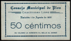 Plou, Teruel. Consejo Municipal. 1 de agosto de 1937. 50 céntimos. Raro