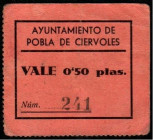Pobla de Ciérvoles, Lleida. Ayuntamiento. 50 céntimos. Escaso