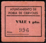 Pobla de Ciérvoles, Lleida. Ayuntamiento. 1 peseta. Escaso
