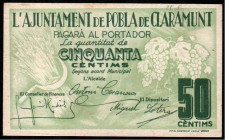 Pobla de Claramunt, Barcelona. Ayuntamiento. 50 céntimos