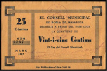 Pobla de Masaluca, Tarragona. Consejo Municipal. Marzo de 1937. 25 céntimos. Escaso