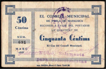 Pobla de Masaluca, Tarragona. Consejo Municipal. Marzo de 1937. 50 céntimos. Escaso