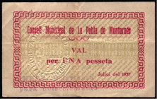 Pobla de Montornés, Tarragona. Consejo Municipal. 1 peseta