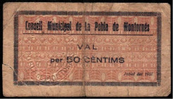 Pobla de Montornés, Tarragona. Consejo Municipal. Julio de 1937. 50 céntimos. Escaso