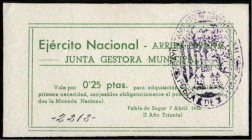 Pobla de Segur, Lleida. Ejército Nacional. Junta Gestora Municipal.  7 de abril de 1938. 25 céntimos