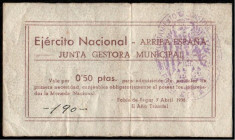 Pobla de Segur, Lleida. Ejército Nacional. Junta Gestora Municipal.  7 de abril de 1938. 50 céntimos