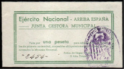 Pobla de Segur, Lleida. Ejército Nacional. Junta Gestora Municipal. 7 de abril de 1938. 1 peseta