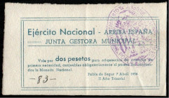 Pobla de Segur, Lleida. Ejército Nacional. Junta Gestora Municipal. 7 de abril de 1938. 2 pesetas