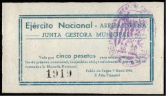 Pobla de Segur, Lleida. Ejército Nacional. Junta Gestora Municipal. 7 de abril de 1938. 5 pesetas