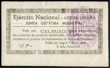 Pobla de Segur, Lleida. Ejército Nacional. Junta Gestora Municipal.7 de abril de 1938. 10 pesetas