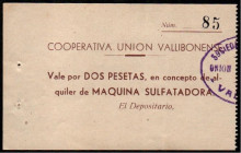¿Pobla de Vallbona, Valencia?. Cooperativa Unión Vallibonense. 2 pesetas