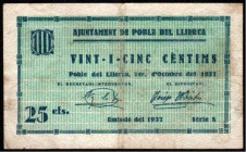 Pobla del Llierca, Girona. Ayuntamiento. 1937. 25 céntimos