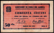 Pobla del Llierca, Girona. Ayuntamiento. 1937. 50 céntimos