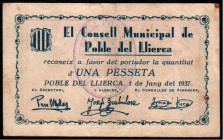 Pobla del Llierca, Girona. Consejo Municipal. 1 de junio de 1937. 1 peseta