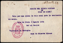 Pola de Siero, Asturias. Comité del Frente Popular. 3 de agosto de 1936. Vale por una pieza de tela azul para la confección de monos