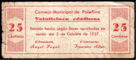 Poleñino, Huesca. Consejo Municipal. Octubre de 1937. 25 céntimos