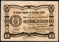 Porcuna, Jaén. Frente Popular. 1 de septiembre de 1937. 5 pesetas