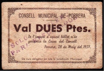 Porrera, Tarragona. Consejo Municipal. 28 de mayo de 1937. 2 pesetas. Muy escaso