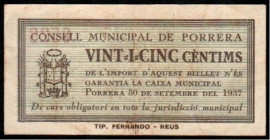 Porrera, Tarragona. Consejo Municipal. 30 de septiembre de 1937. 25 céntimos