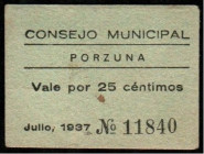 Porzuna, Ciudad Real. Consejo Municipal. Julio de 1937. 25 céntimos. Escaso