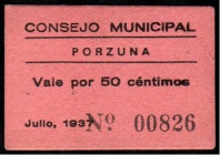 Porzuna, Ciudad Real. Consejo Municipal. Julio de 1937. 50 céntimos. Escaso