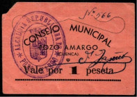 Pozo Amargo, Cuenca. Consejo Municipal. 1 peseta. Muy raro