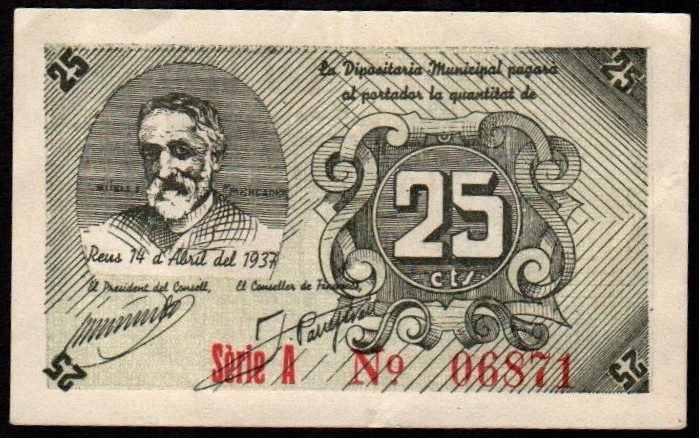 Reus, Tarragona. Consejo Municipal. 14 de abril de 1937. 25 céntimos. 1ª emisión...