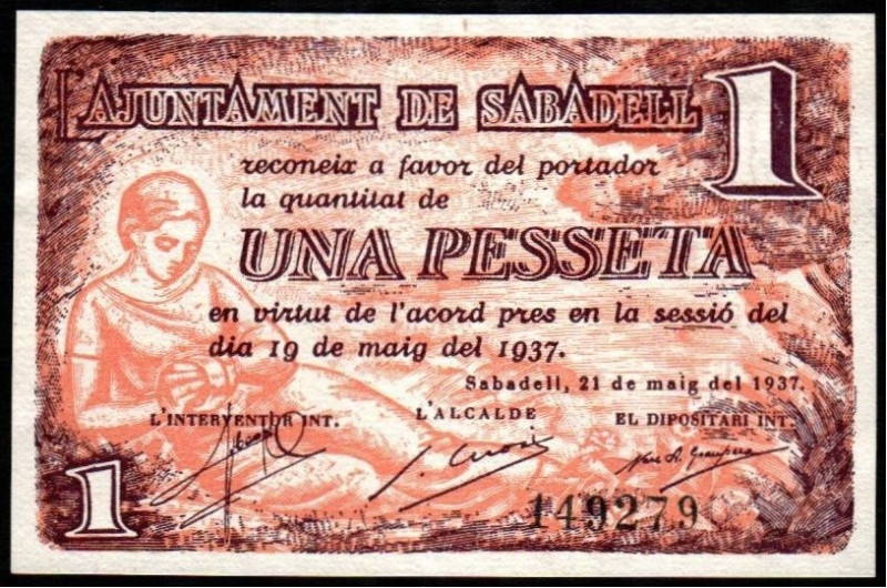 Sabadell, Barcelona. Ayuntamiento. 21 de mayo de 1937. 1 peseta. Sin serie. G536...