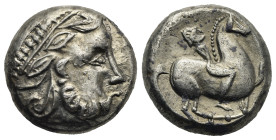 Carpathian Region. Uncertain Celtic Tribe. Eberkopf Type Tetradrachm, imitating Philip II of Macedon. Circa 3rd century BC (Silver, 19.67 mm, 13.78 g)...