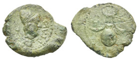 Central Italy. Uncertain mint. Bronze. 1st century BC (Bronze, 19.76 mm, 3.67 g). P CAIO, Bearded head of Vulcan right, wearing pileus and with tongs ...