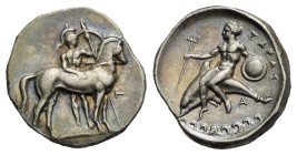 Calabria. Tarentum. Nomos. Circa 344-340 BC (Silver, 22.16 mm, 7.75 g). Warrior facing, behind his horse standing right; on right, I-. Rev. ΤΑΡΑΣ, Dol...