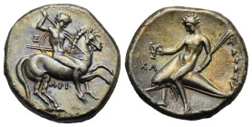 Calabria. Tarentum. Nomos. Circa 332-302 BC (Silver, 21.70 mm, 7.78 g). Nude warrior on horseback right, shield on arm, holding two spears and prepari...