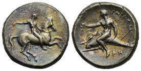 Calabria. Tarentum. Nomos. Circa 332-302 BC (Silver, 22.16 mm, 7.74 g). Youth on horseback right, holding whip and reins; below, ΣA. Rev. TAPAΣ, Dolph...
